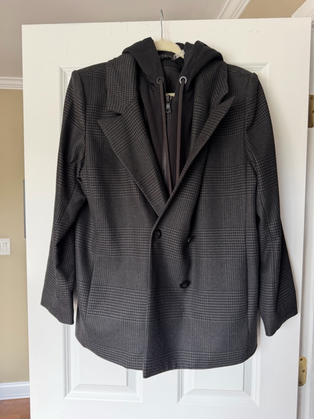 Alice + Olivia Black Charcoal Plaid Blazer with Attached Hoodie